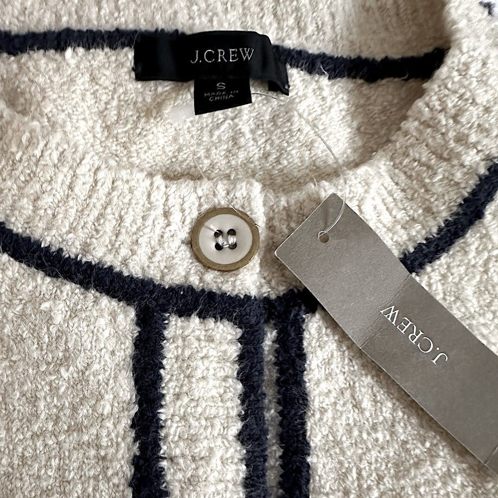 J. Crew Cotton Bouclé Cardigan Sweater Ivory Navy Trim Size S • NEW WITH TAGS • - Picture 8 of 11